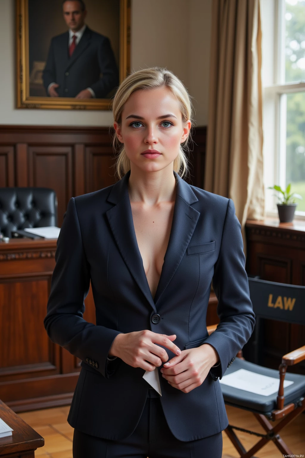 A woman in a formal suit stands in a courtroom setting.