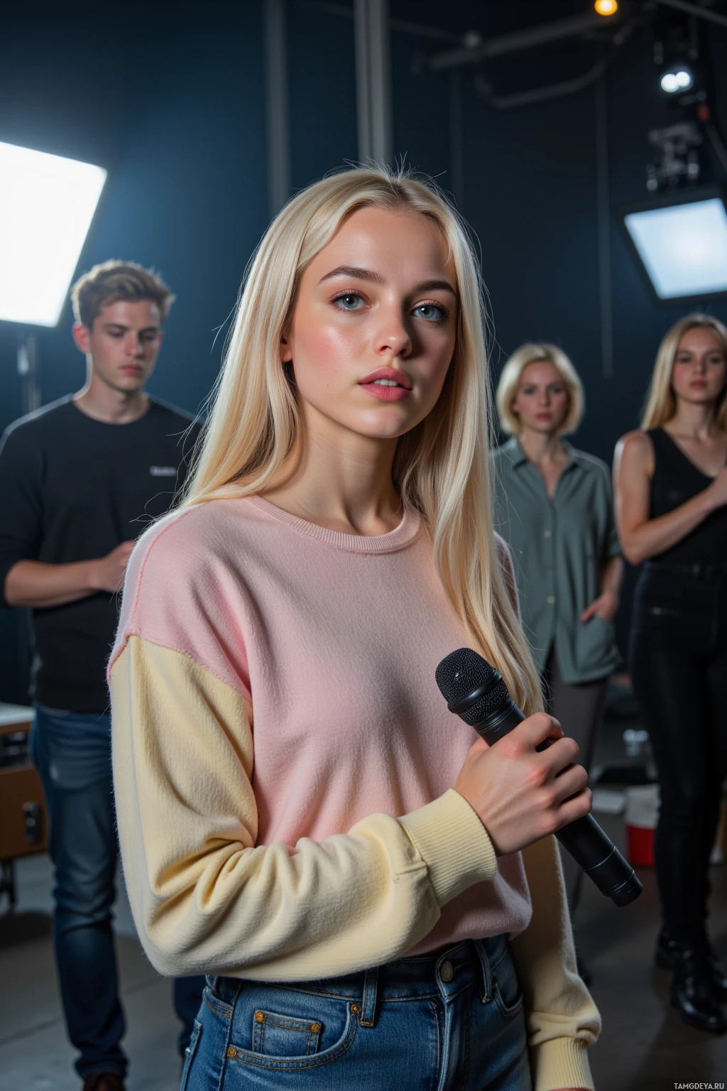 A person in a pastel sweater holds a microphone while standing in front of others in what appears to be a studio setting.