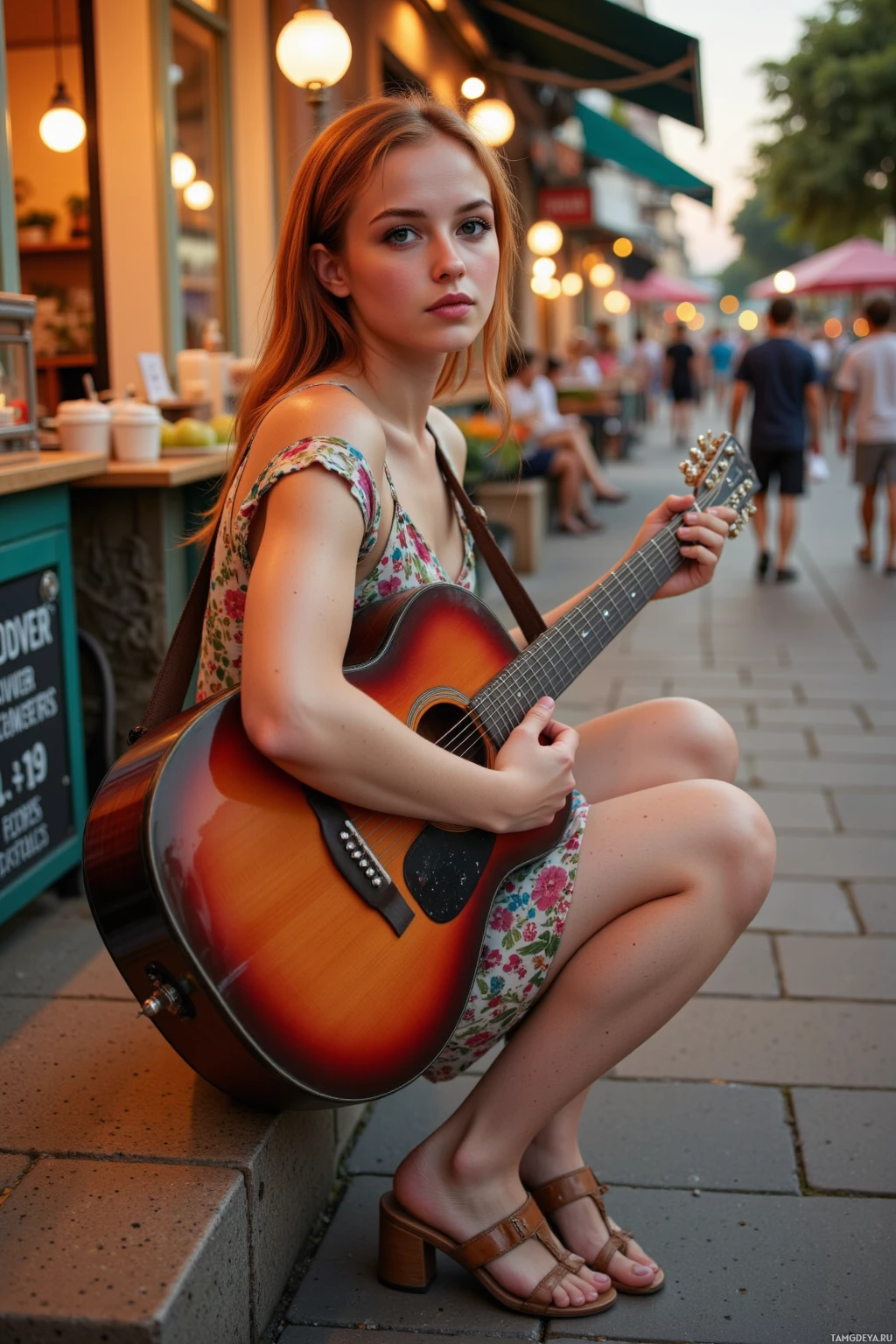 A person in a floral dress sits on a ledge playing an acoustic guitar in a lively outdoor setting.