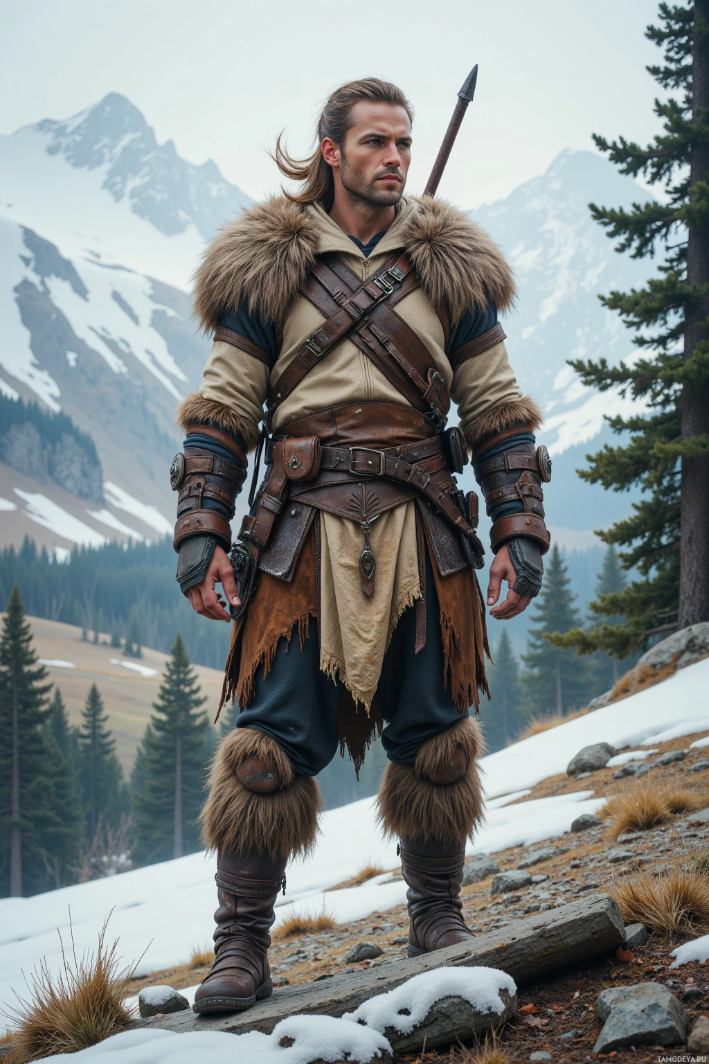 A person in rugged, fur-lined attire stands on a snowy mountain slope with a spear and various gear.