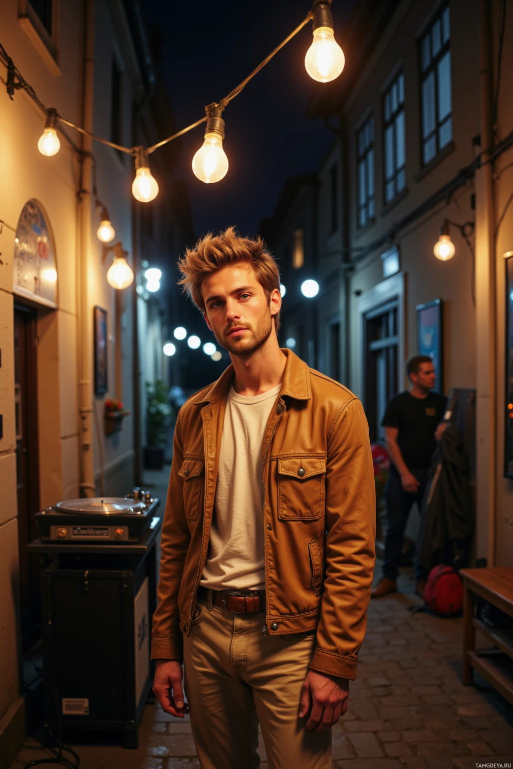 A person stands in a dimly lit alleyway adorned with string lights, wearing a brown leather jacket and beige pants.