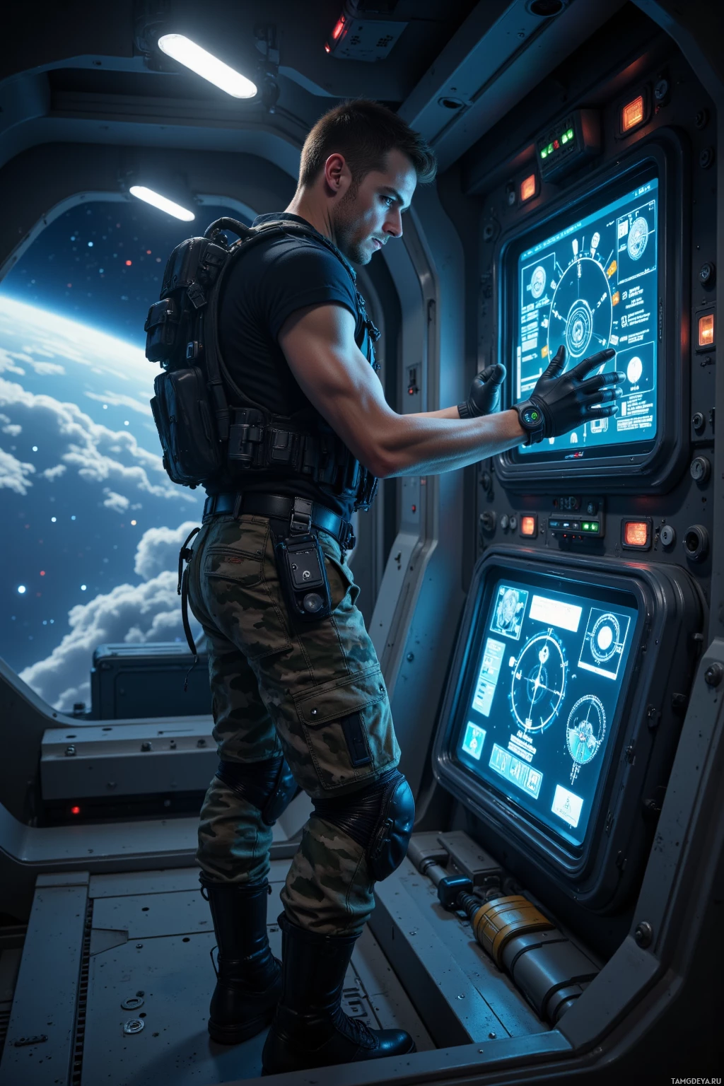 A person in tactical gear operates a futuristic control panel inside a spacecraft.
