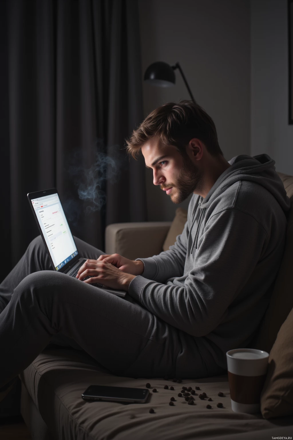 A person is sitting on a couch using a laptop with steam rising from it.
