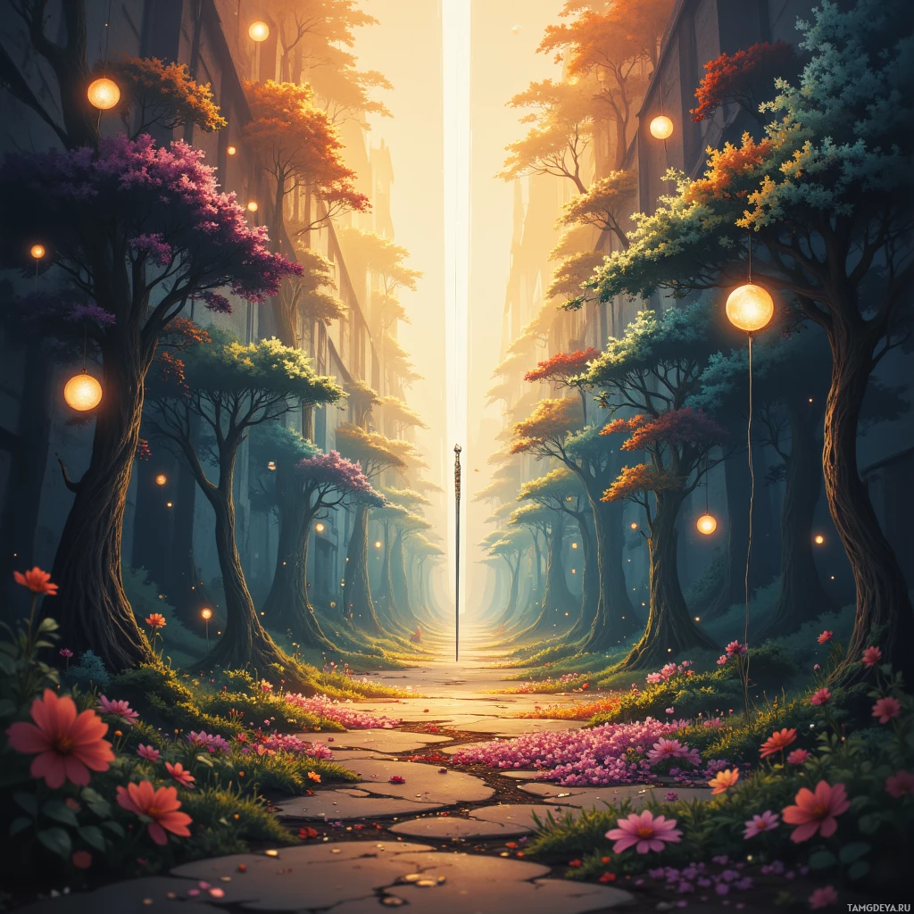 A magical forest path lined with colorful trees and glowing lanterns leads towards a bright light at the end.