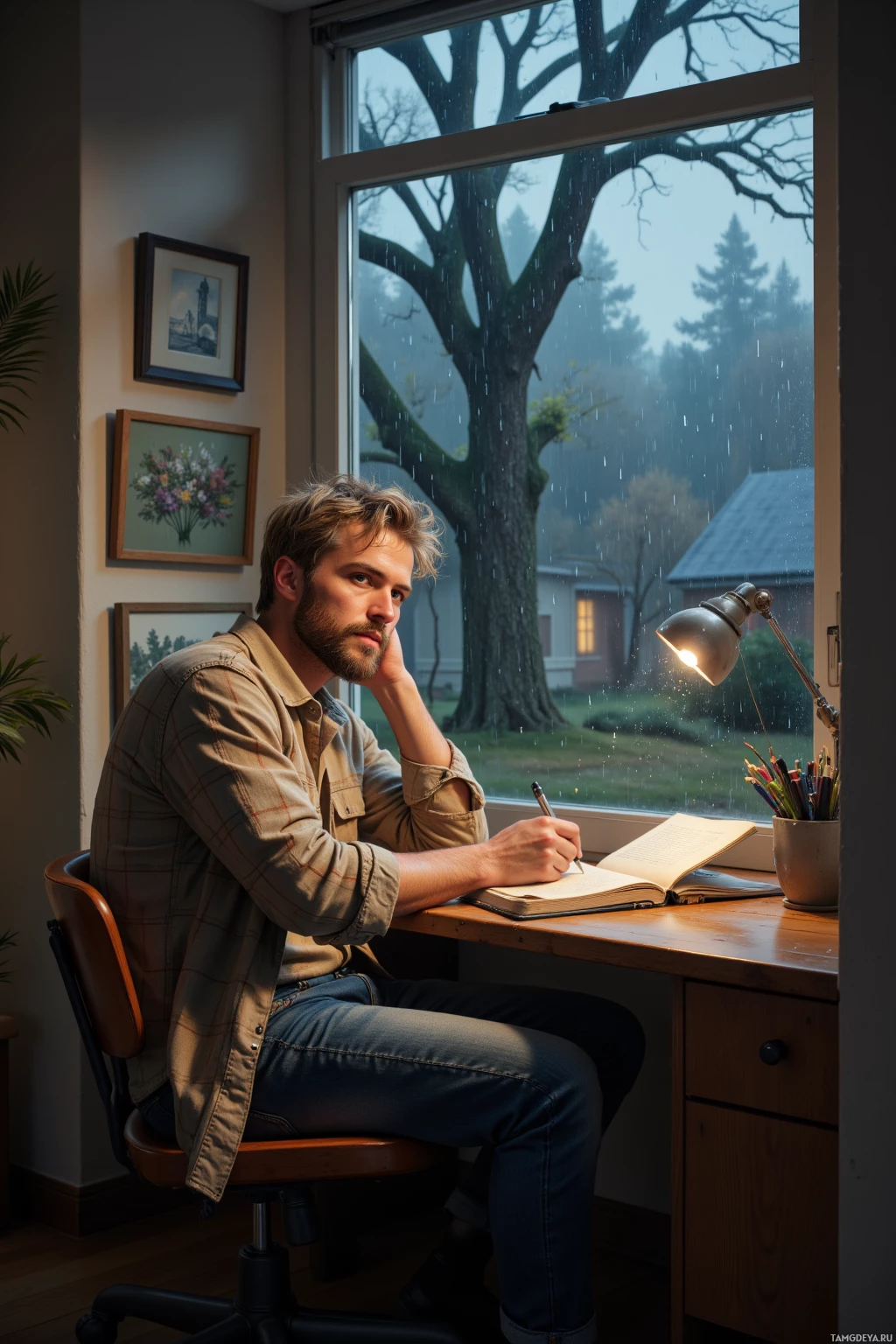 A person sits at a desk, writing in a notebook, with a rainy window view in the background.