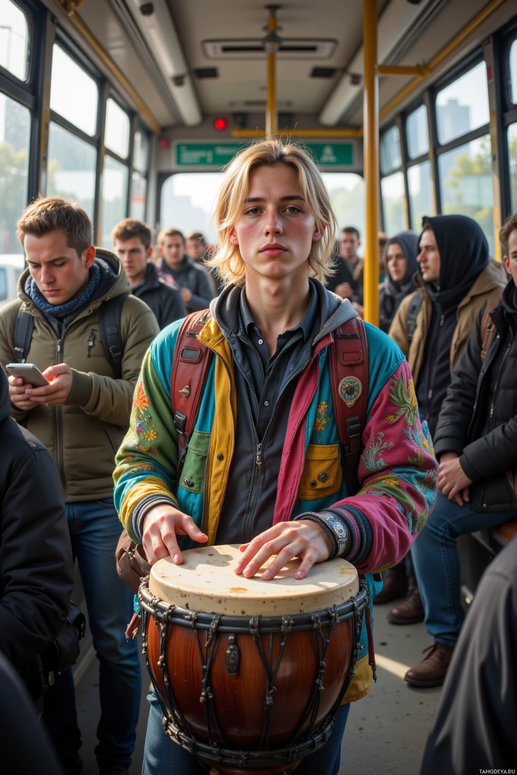 A person wearing a colorful jacket plays a drum on a crowded bus.