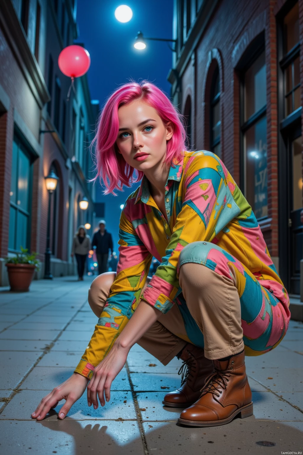 A person with pink hair crouches on a sidewalk in a colorful, patterned outfit under streetlights.