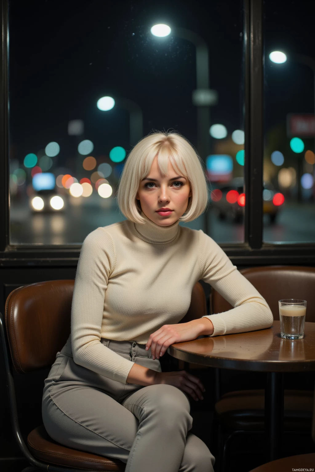 A person with blonde hair sits at a table in a dimly lit café, gazing forward.