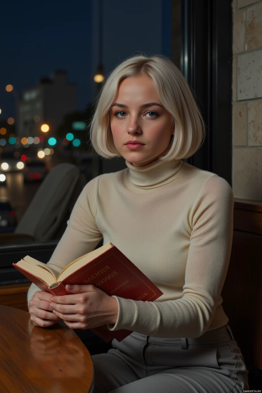 A person in a cream turtleneck sweater holds an open book, sitting at a table with a cityscape in the background.
