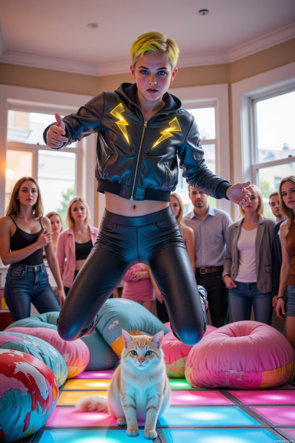 A person in a black jacket with lightning bolt designs stands on colorful foam blocks while an orange cat sits nearby.