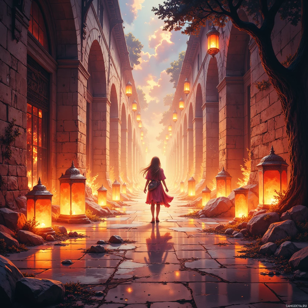 A person walks down a stone pathway lined with glowing lanterns under a vibrant sky.