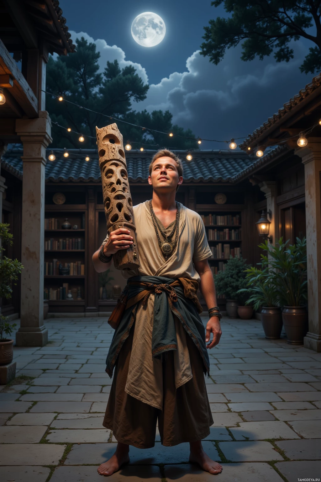 A person stands in a courtyard under a full moon, holding a carved wooden staff.