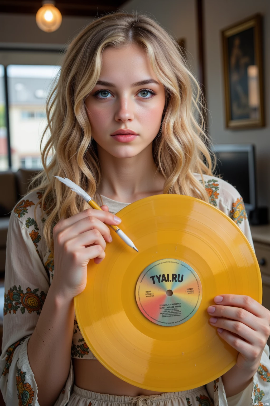 A person holds a yellow vinyl record with "TYAI.RU" on it and a pen in their hand.