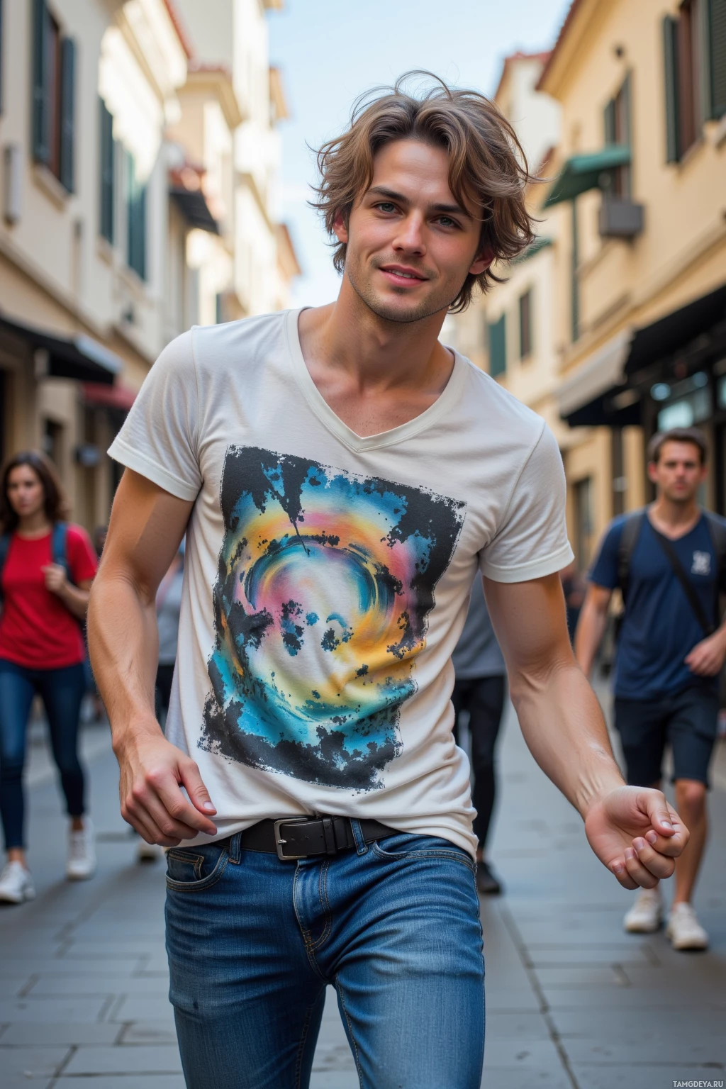 A person wearing a white t-shirt with a colorful abstract design and blue jeans walks down a street.