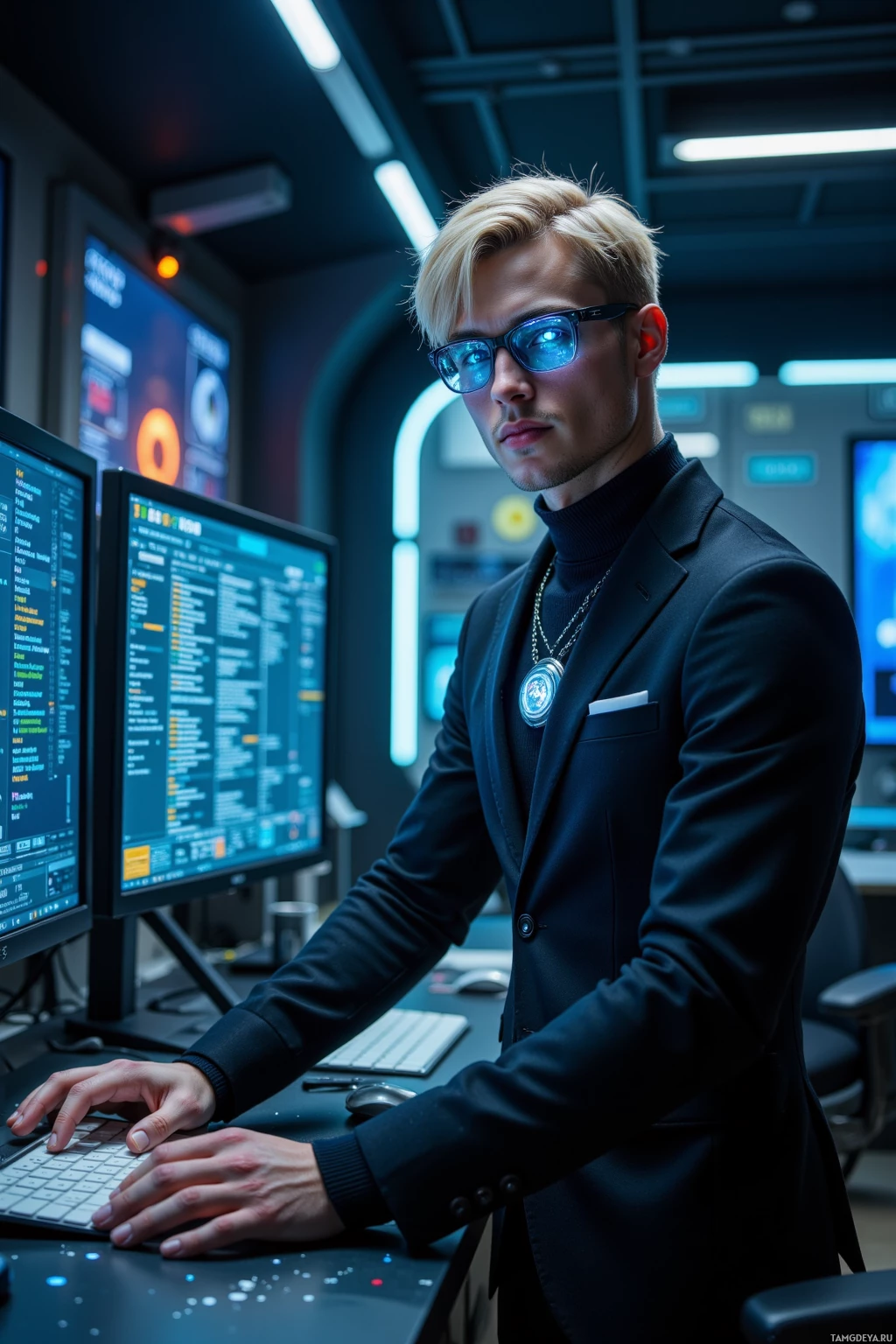 A person in a dark suit stands at a computer in a futuristic control room.