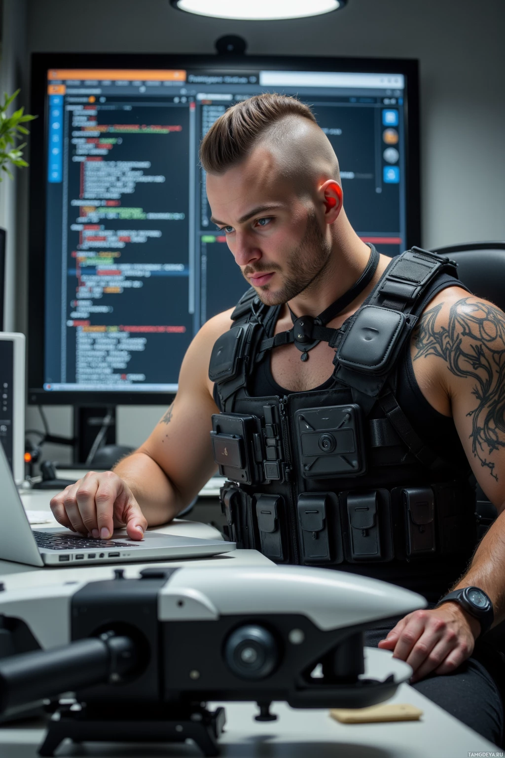A person wearing tactical gear works on a laptop in an office setting with code visible on the screen behind them.