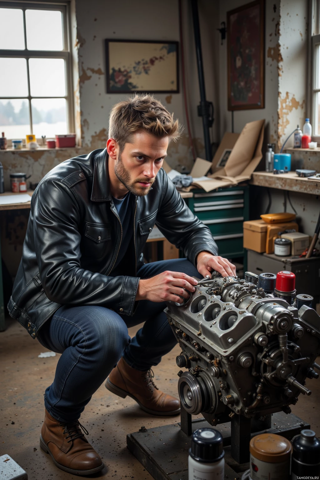 A person in a leather jacket is working on a mechanical engine in a workshop.