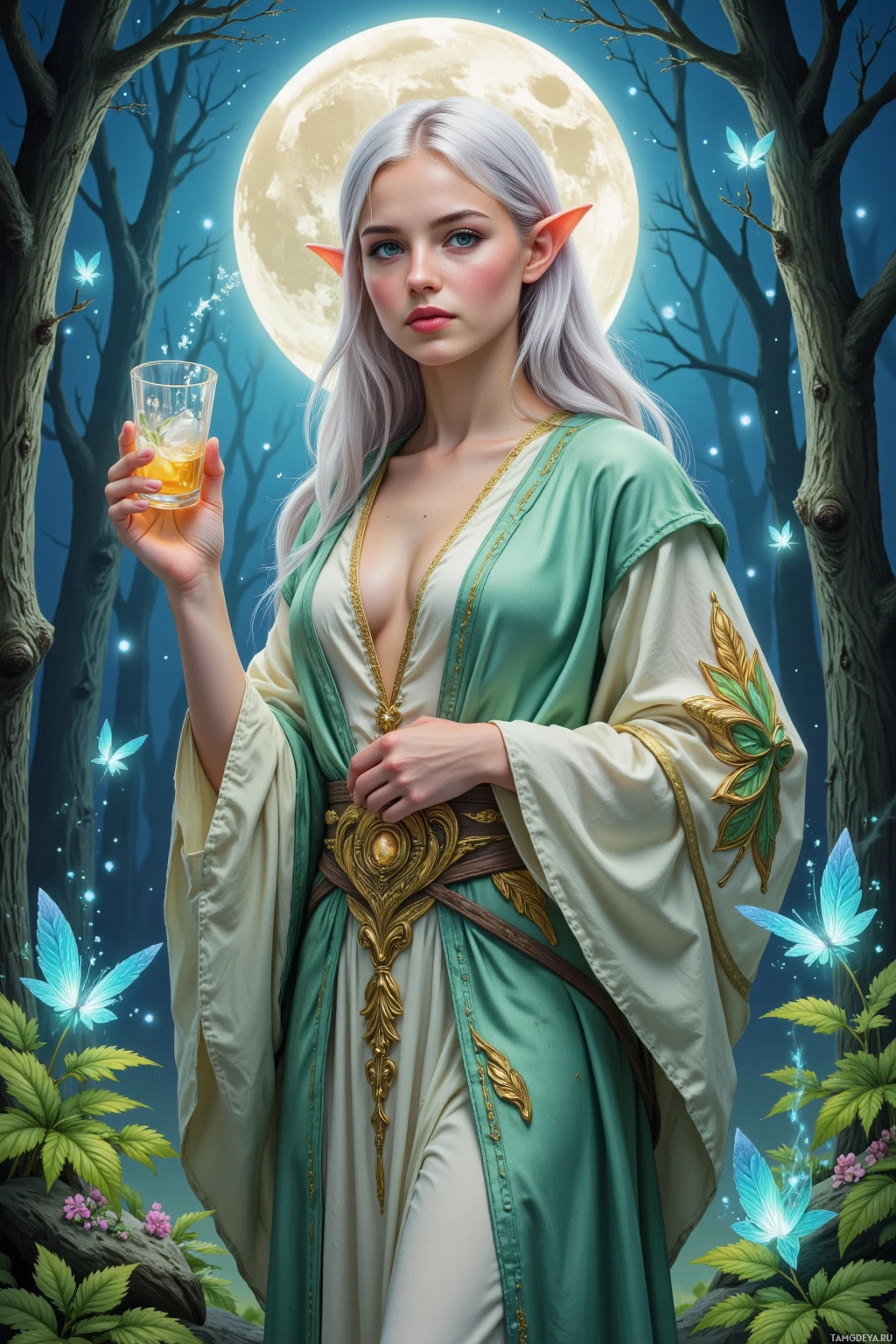 A person in a fantasy-style outfit holds a drink, set against a backdrop of a full moon and glowing butterflies.