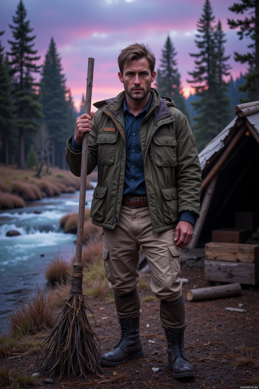 A man stands outdoors in a forested area holding a broom, wearing a green jacket and boots.