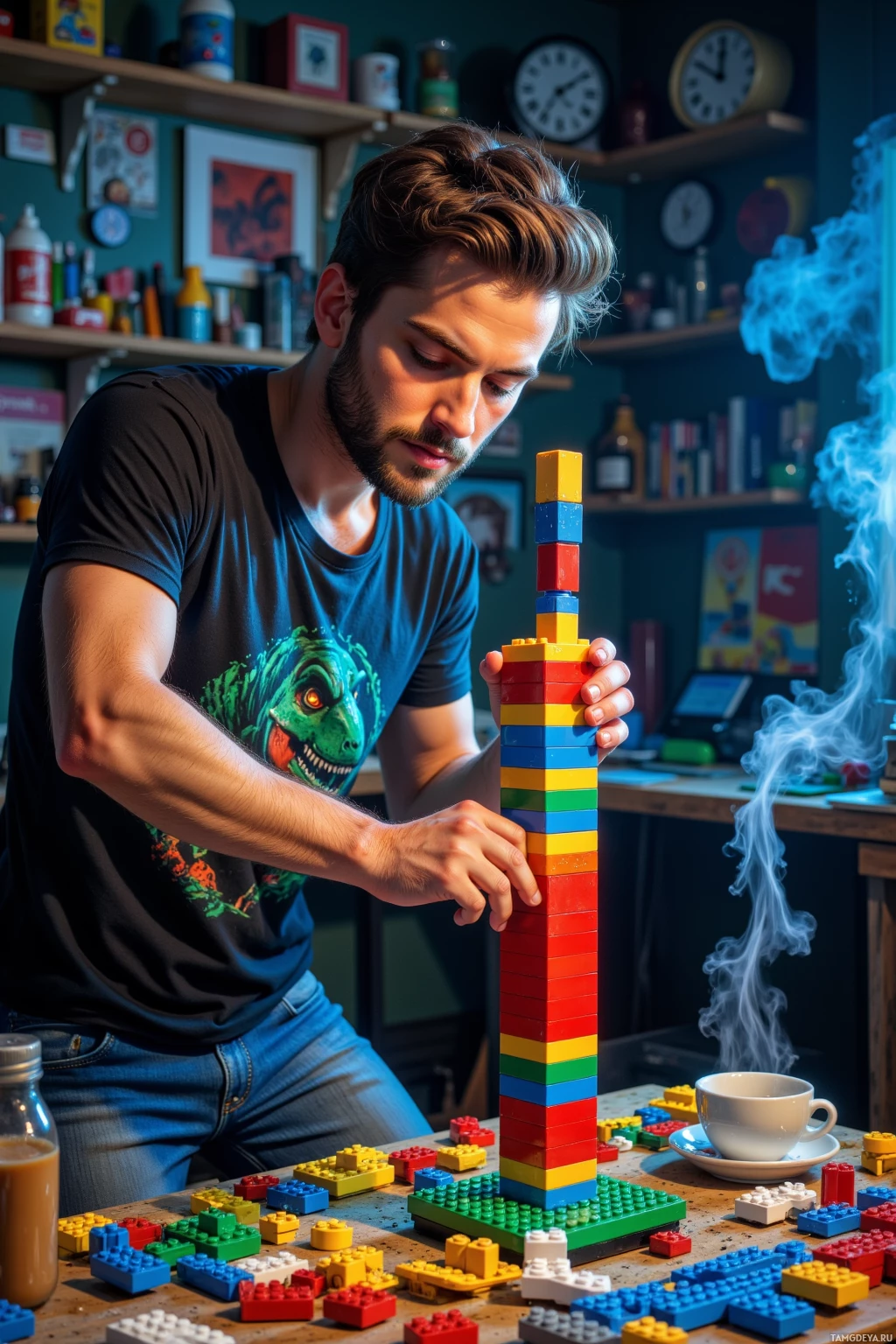 A person is building a colorful LEGO tower in a room with shelves and a steaming cup of coffee.
