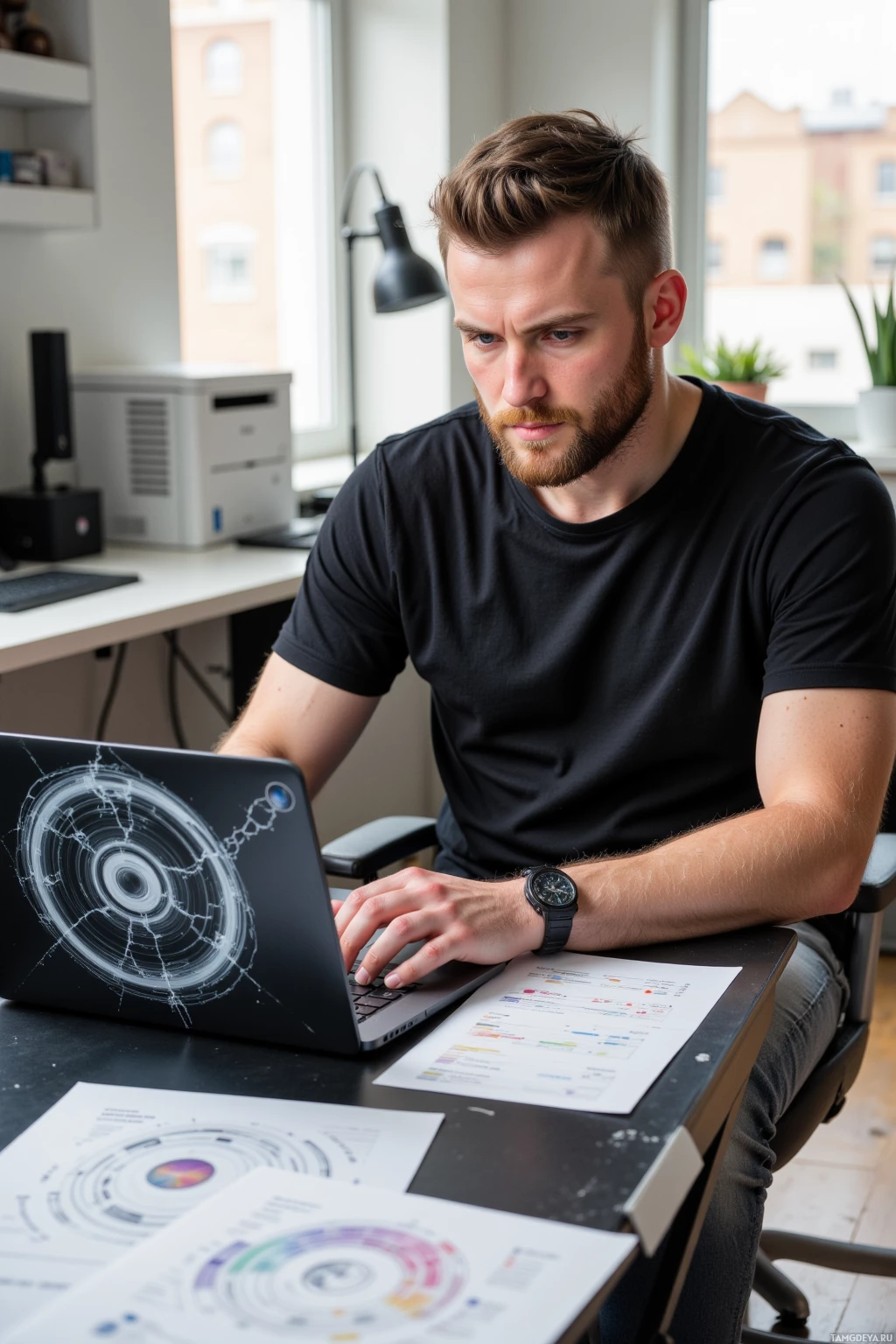 A person is working at a desk with a laptop and documents in front of them.