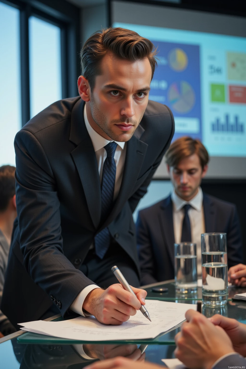 A man in a suit leans forward, writing on a document at a conference table.