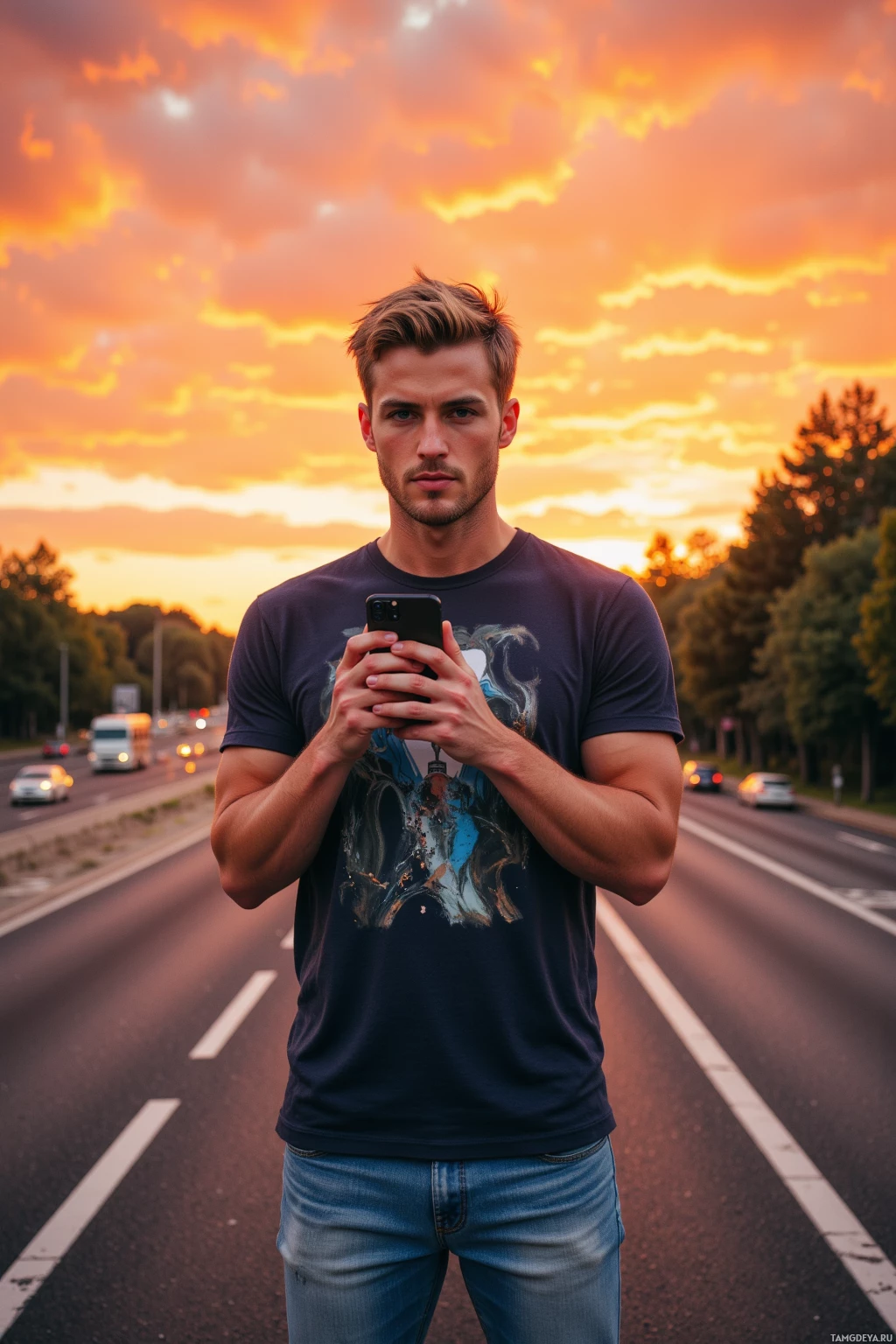 A person stands on an empty road at sunset, holding a phone.