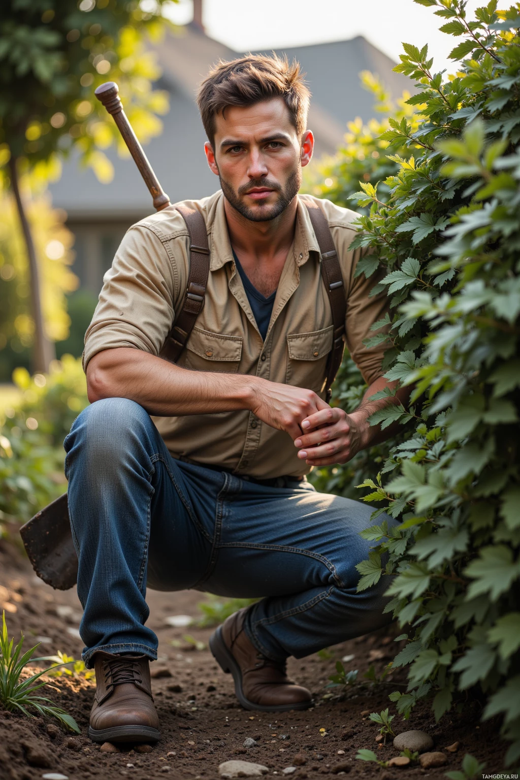 A man in a gardening outfit squats in a garden, holding a shovel.