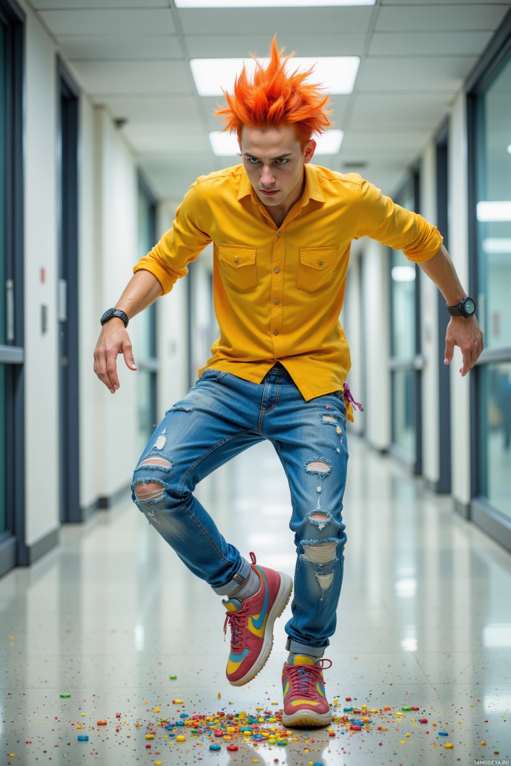 A person in a yellow shirt and ripped jeans is captured mid-dance in a hallway with colorful candy scattered on the floor.
