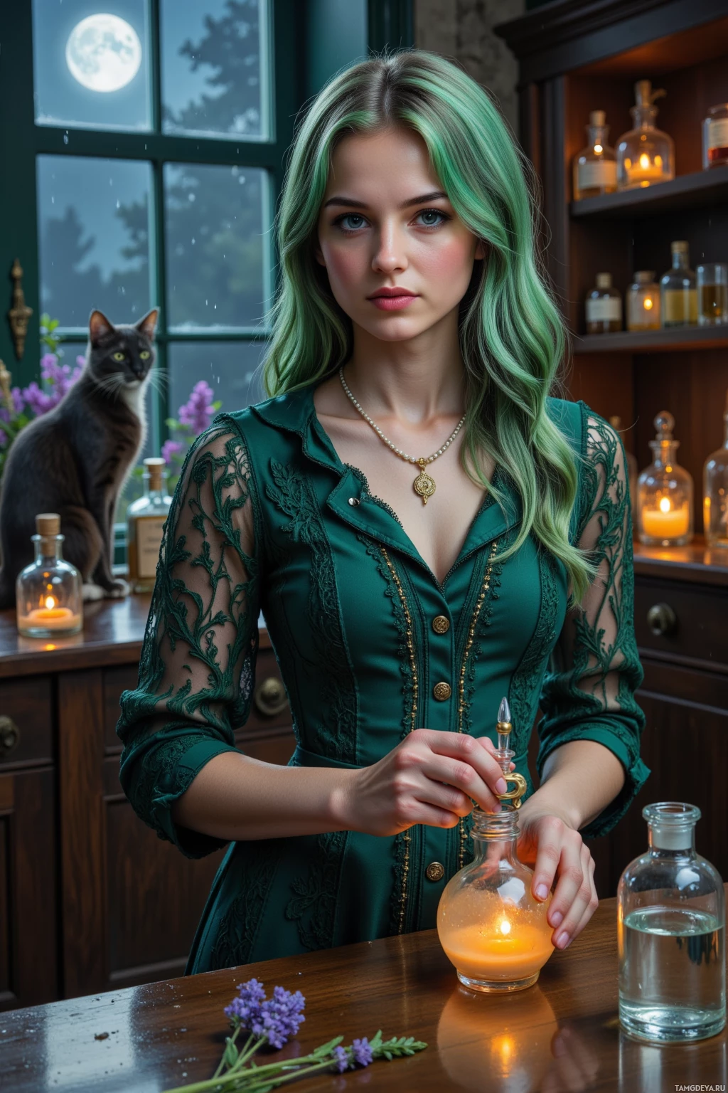 A person in a green dress is lighting a candle in a glass jar.