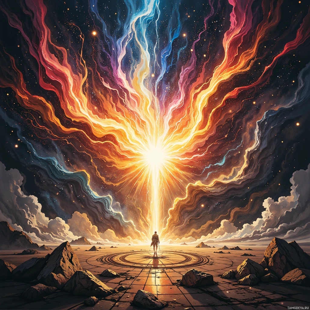 A lone figure stands on a circular platform beneath a vibrant sky filled with swirling colors and radiant light.