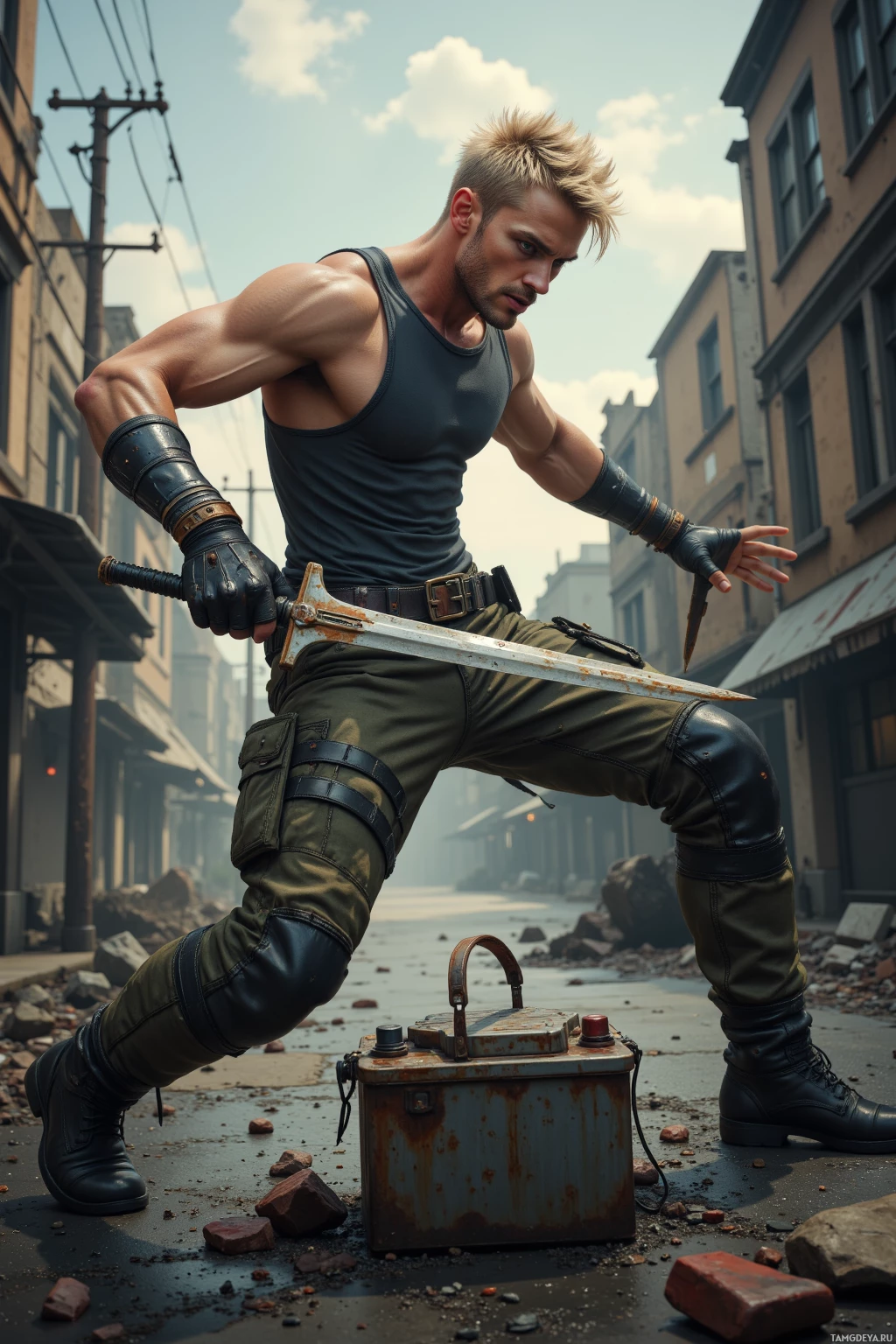 A muscular individual in combat attire is depicted in an action pose on a debris-strewn street.