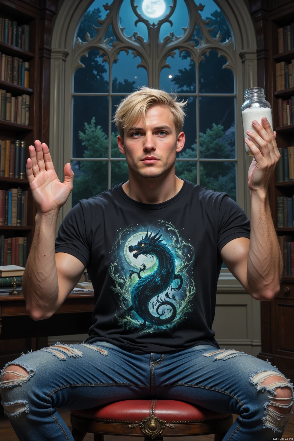 A person wearing a black t-shirt with a dragon design sits in a room with a large window, holding a jar of white powder in one hand and raising the other hand.