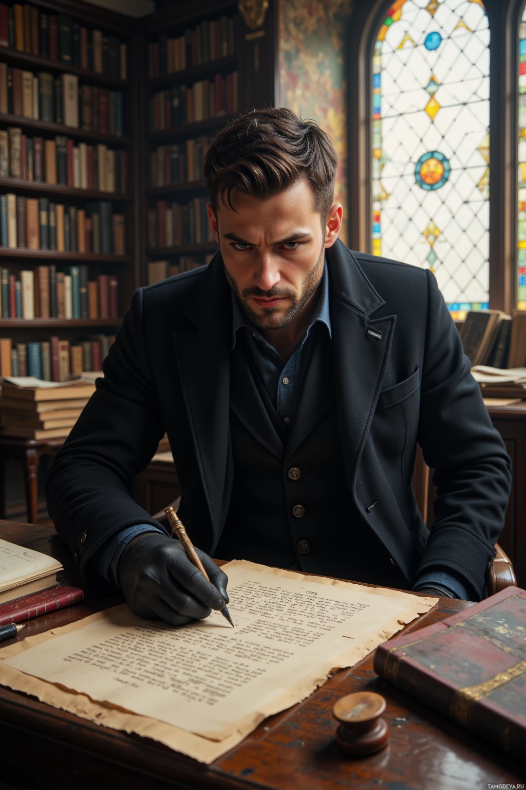 A man in formal attire is writing on an old document at a desk in a library setting with bookshelves and stained glass windows behind him.