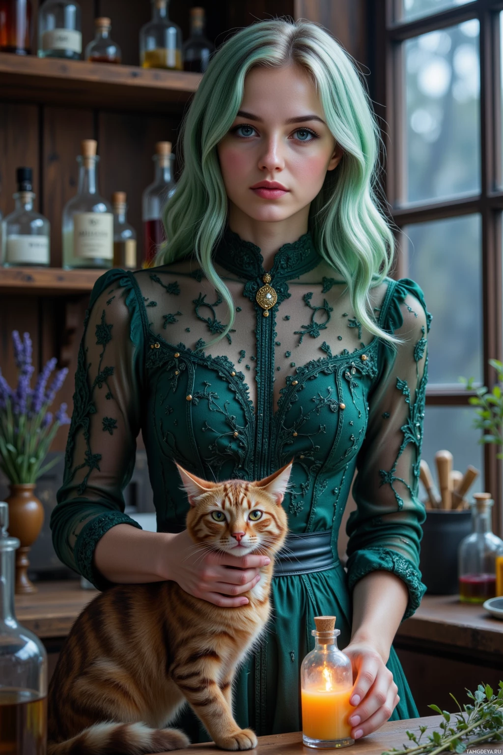 A person in a green dress holds a cat and a lit candle, with bottles and herbs in the background.