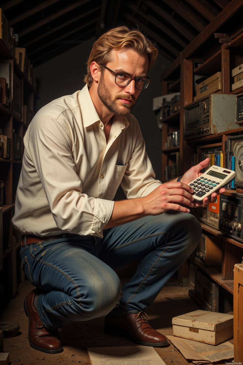 A man in a beige shirt and jeans is crouching in a room filled with shelves and old equipment, holding a calculator.