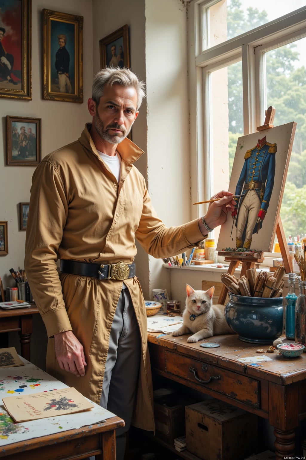 A man in an artist's studio paints a uniform on canvas while a cat rests nearby.