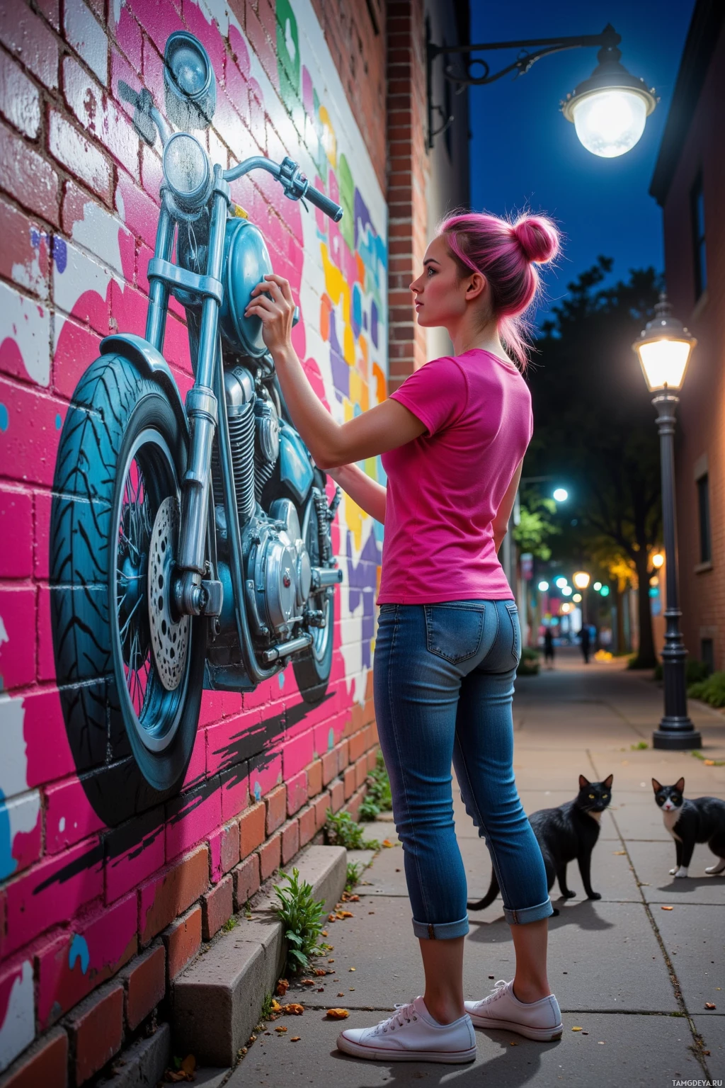 A person stands beside a colorful mural of a motorcycle on a brick wall, with two cats on a sidewalk nearby.