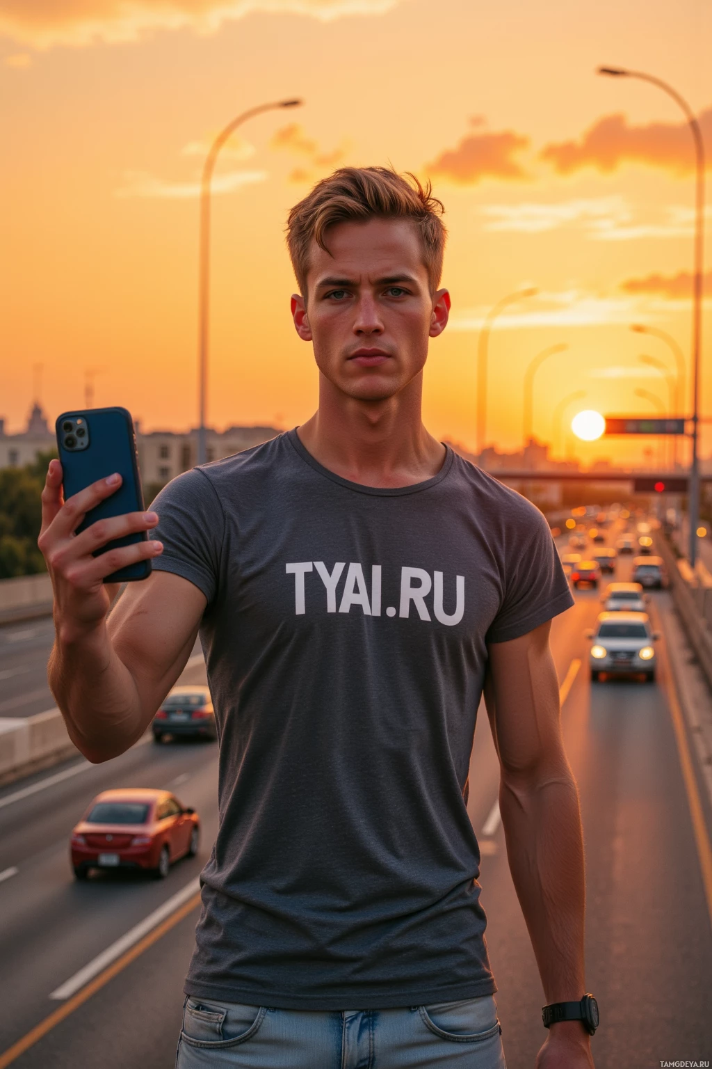 A person wearing a t-shirt with "TYAI.RU" takes a selfie on a bridge at sunset.