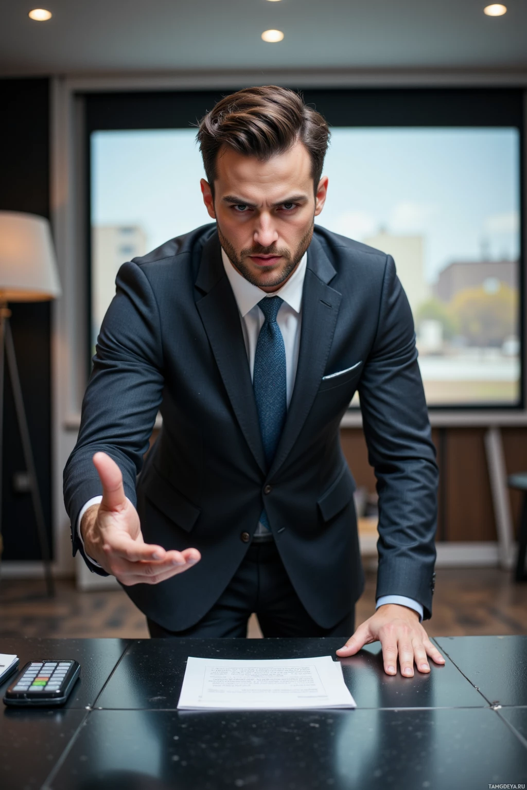 A man in formal attire leans forward over a desk with a document and a phone, appearing to explain or present something.