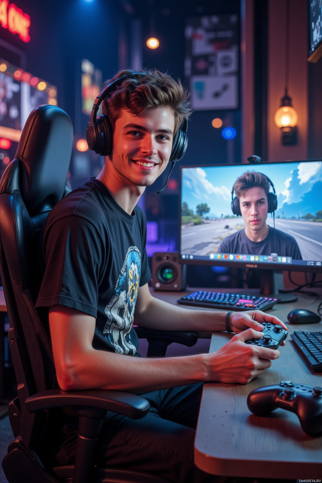 A person is sitting in a gaming setup with headphones on and holding a controller, smiling at the camera while a monitor displays their reflection.