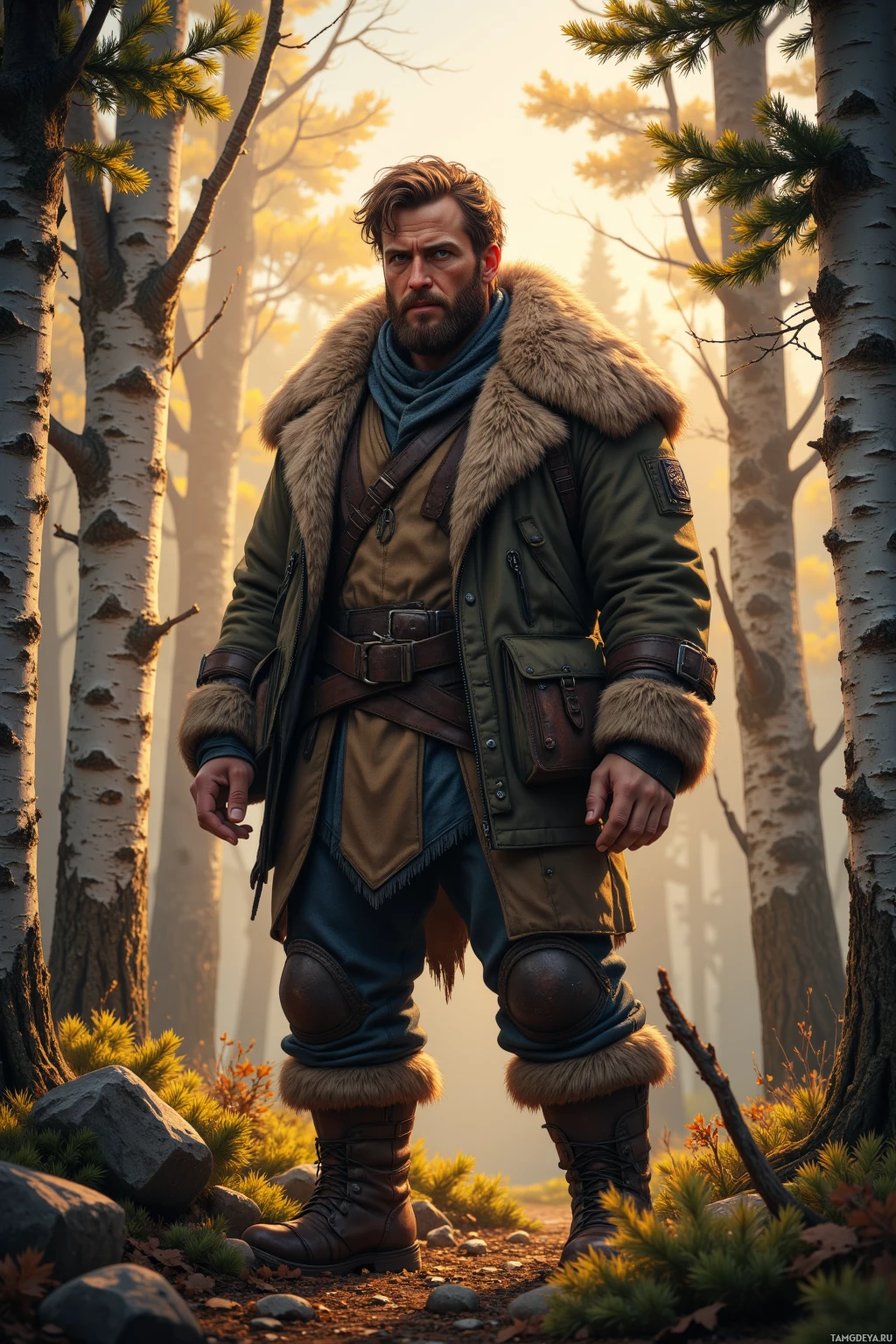 A man in rugged outdoor attire stands amidst a forest at sunset.