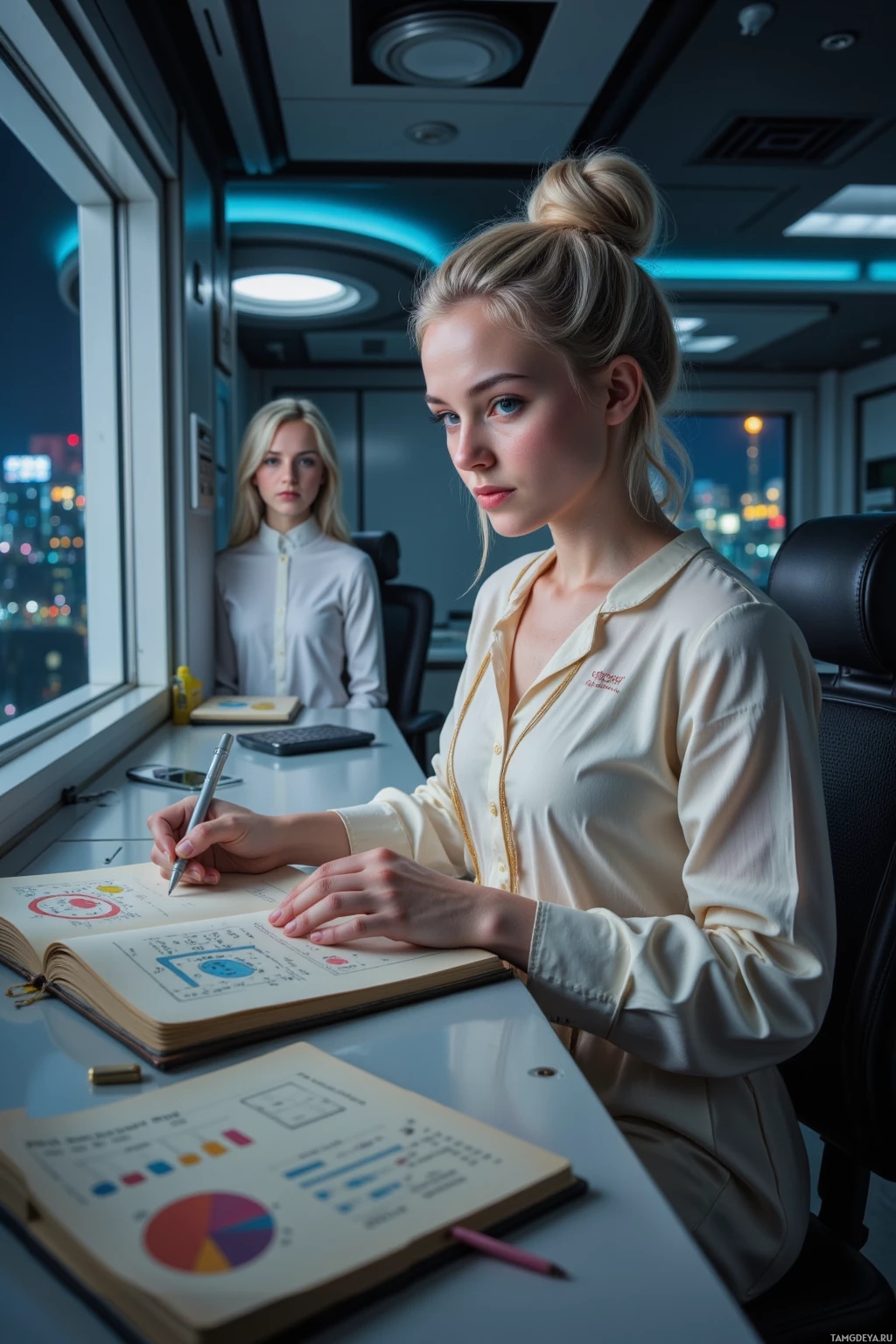 Two women in professional attire work at a desk with documents and charts, overlooking a cityscape at night.