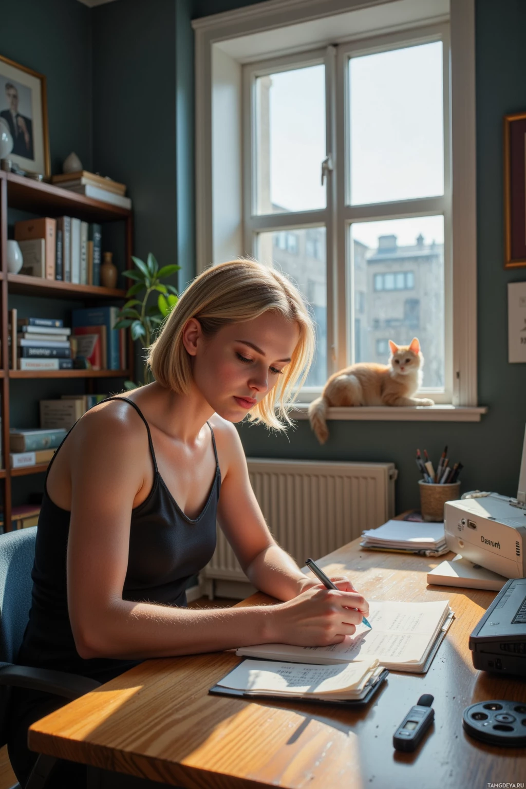 A person is sitting at a desk, writing in a notebook with a pen, in a room with a window and a cat on the windowsill.