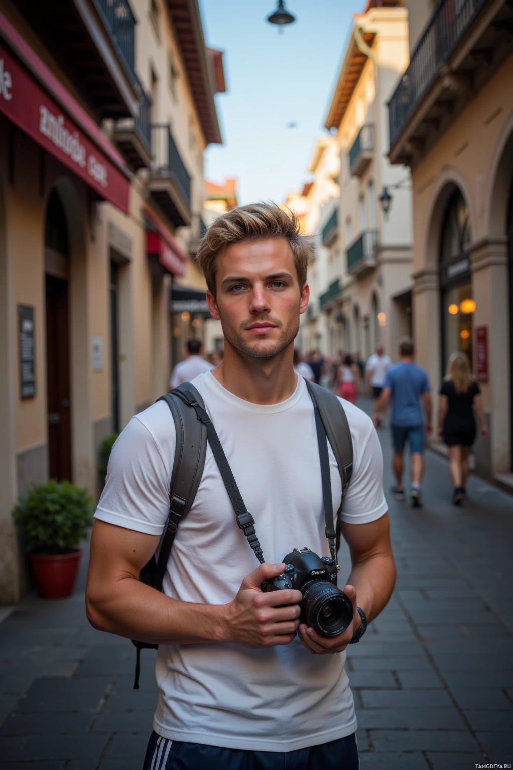 A person wearing a white t-shirt and carrying a backpack holds a camera in an urban alleyway with pedestrians in the background.