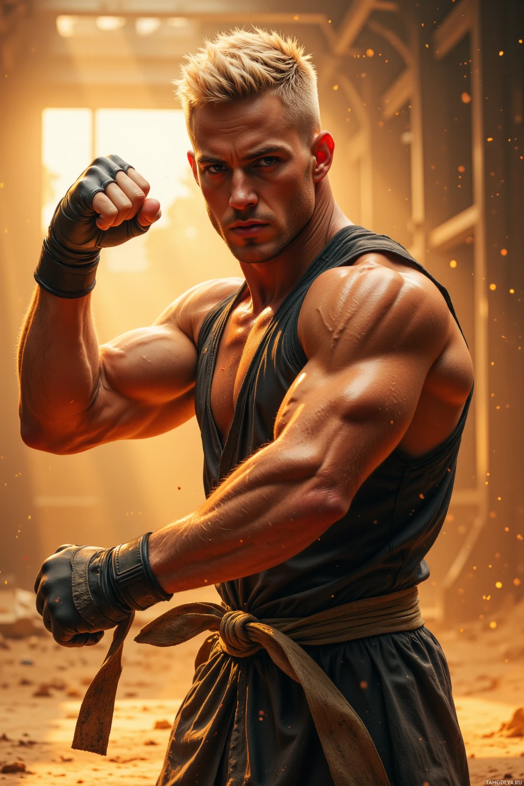 A muscular man in a martial arts uniform and gloves is striking a fighting pose with intensity.