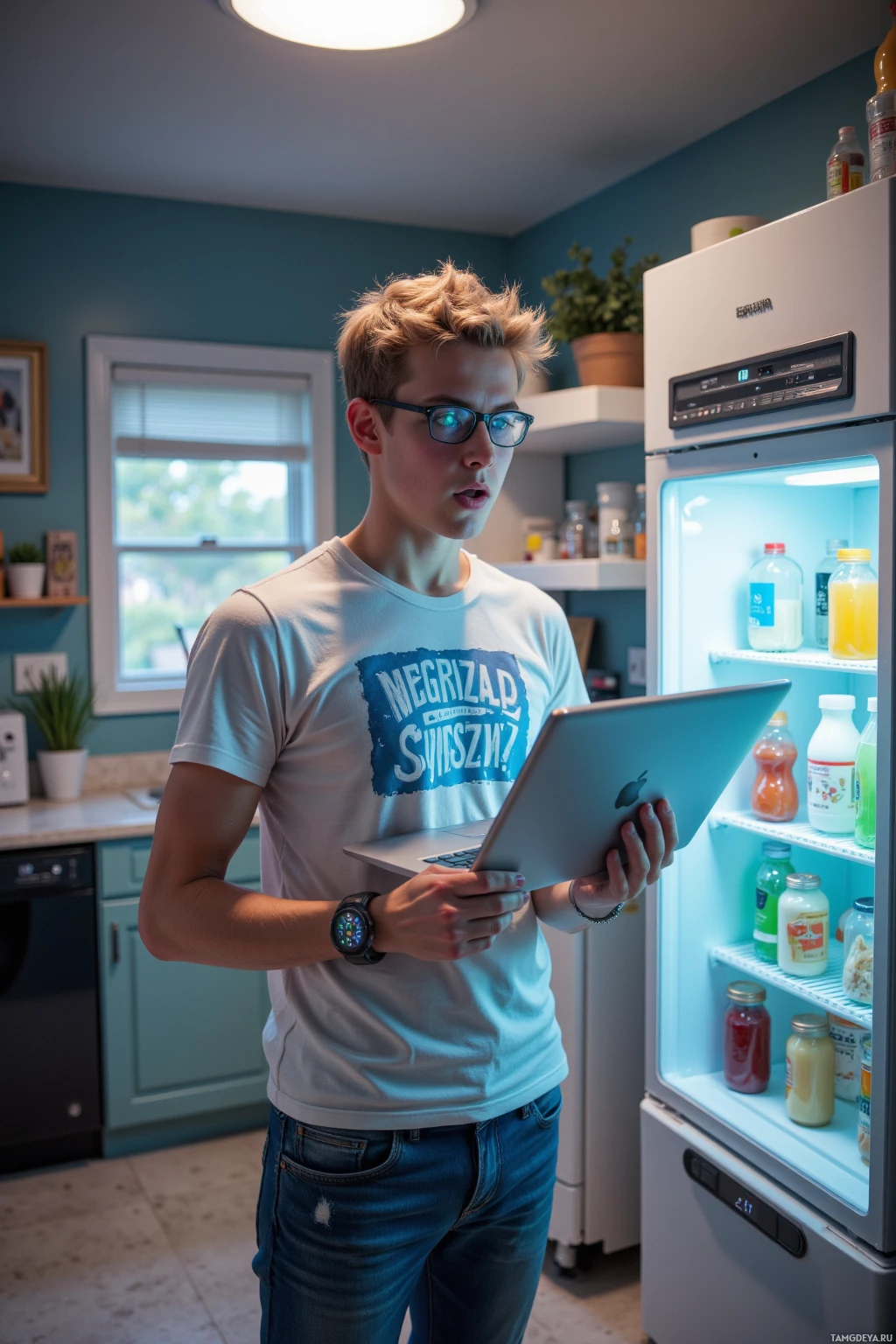 A person stands in front of an open refrigerator holding a laptop and looking surprised or confused.