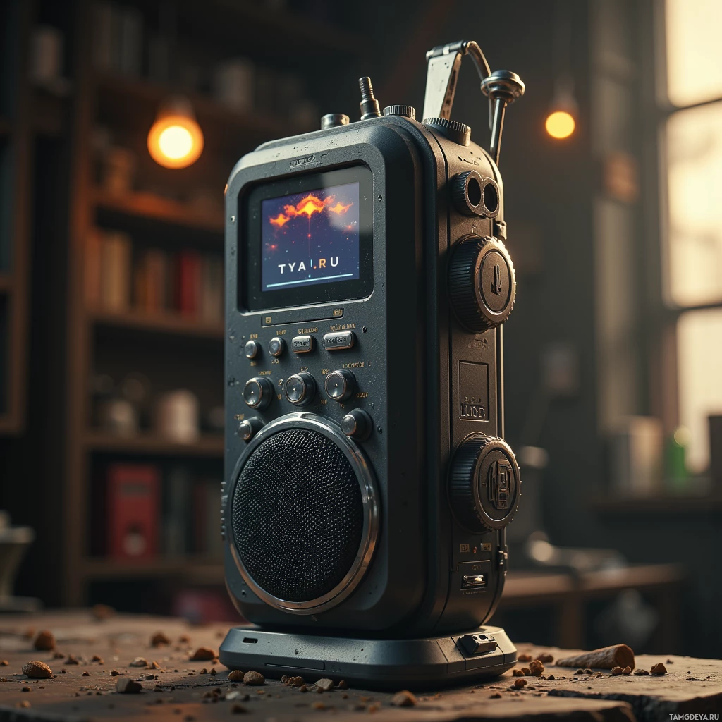 A vintage-style radio with a digital display and multiple knobs sits on a table in a dimly lit room.