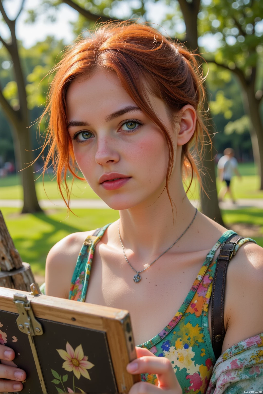A person with red hair wearing a floral top and a necklace, holding a small wooden box with a floral design.