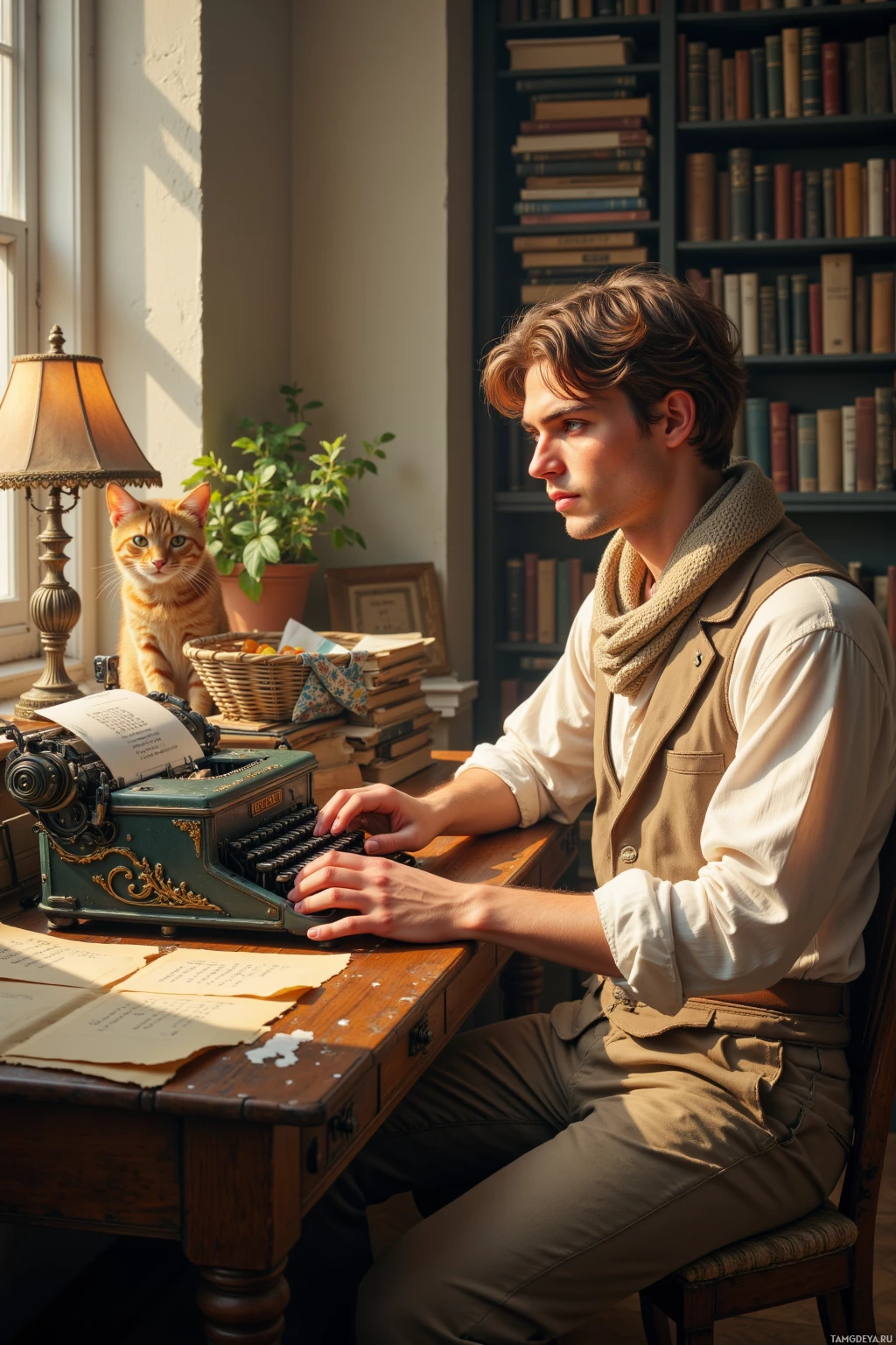 A person is sitting at a desk with a vintage typewriter, surrounded by books and a cat.